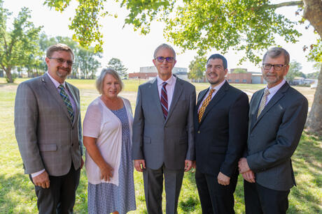 Newly and reelected Idaho Conference leaders Barry Curtis, Idaho Conference ministerial director; Eve Rusk, communications and planned giving and trust services director; David Prest, Jr., Idaho Conference president; David Salazar, Idaho Conference vice presient for administration; Patrick Frey, Idaho Conference superintendent of education. At the 55th Regular Constituency Session of the Idaho Conference on Sunday, September 17, 2023, on the campus of Gem State Adventist Academy, in Caldwell, Idaho.